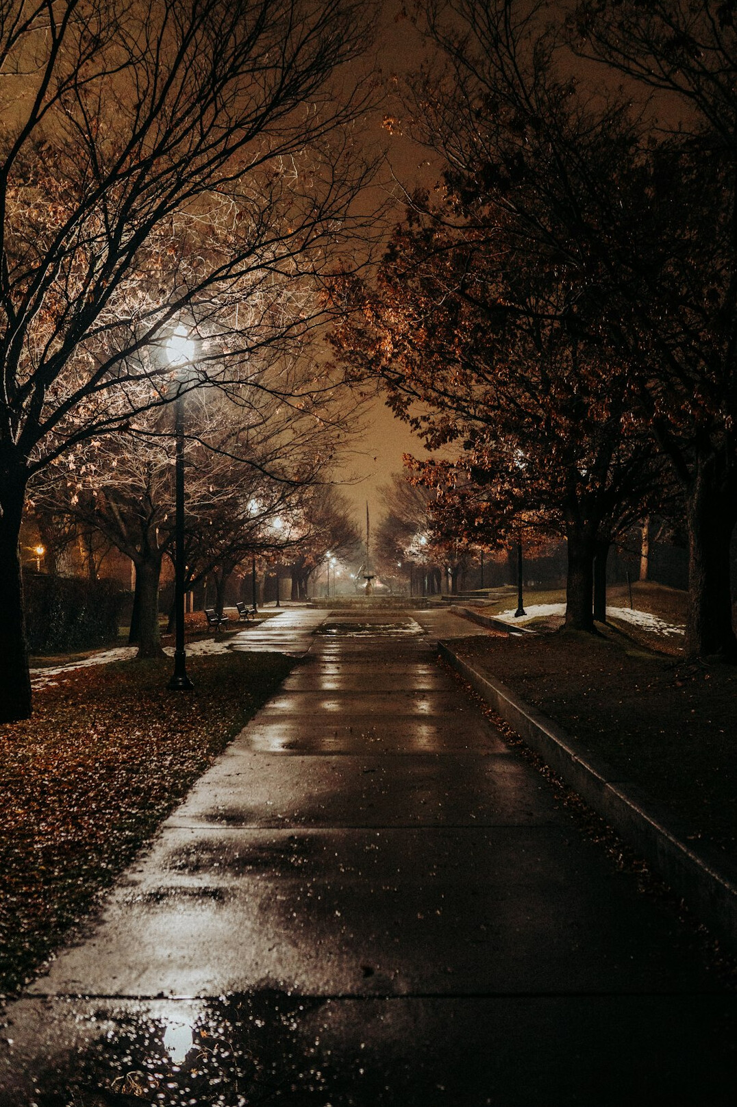 Rainy city street at night with warm window lights