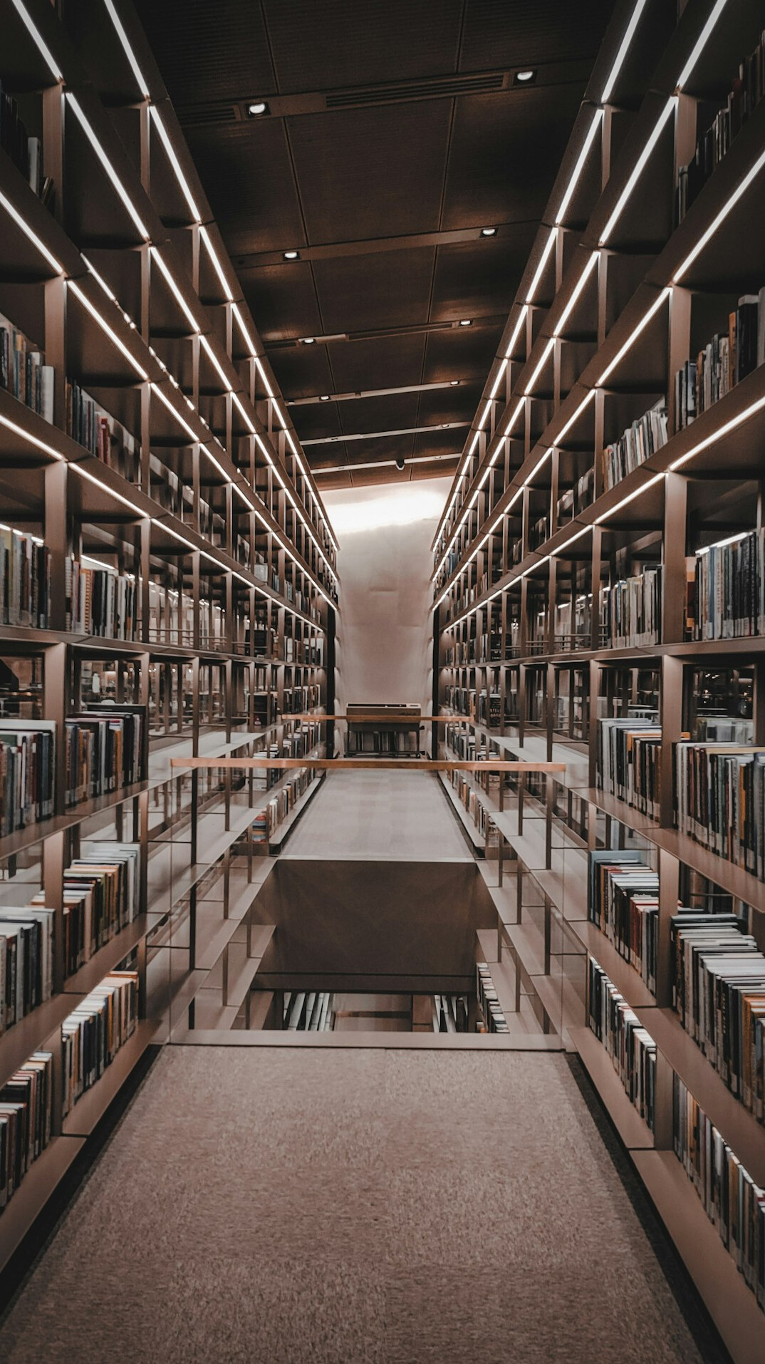 Interior of an old library with tall wooden shelves