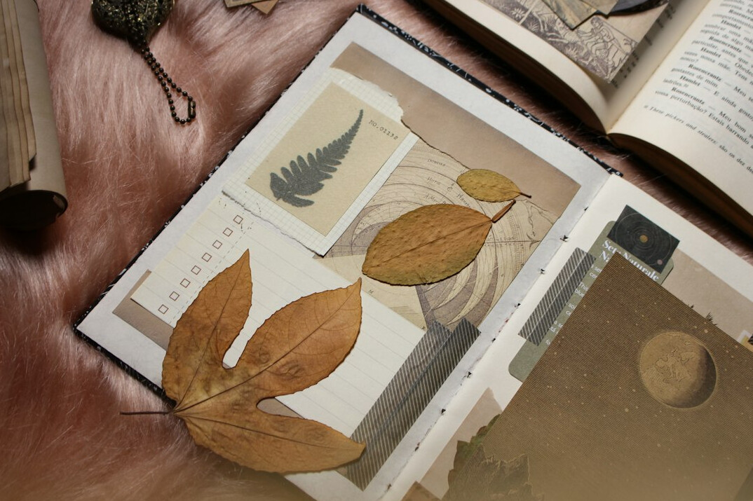 Open notebook with pen and old photographs on a wooden desk